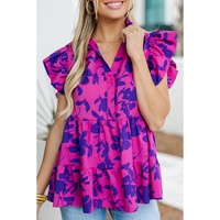 Rose Floral Print Collared Button Neckline Flutter Sleeve Blouse - L