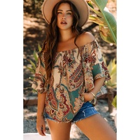 Apricot Paisley Printed Shirred Off Shoulder Ruffled Draped Sleeve Blouse - L