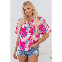 Rose Tropical Plant Printed V Neck Puff Sleeve Blouse - L