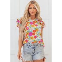 Yellow Floral Print Shirred Tiered Ruffled Sleeve Blouse - L