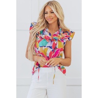 Pink Abstract Printed Ruffled Flutter Sleeve Tied Split V Neck Blouse - L