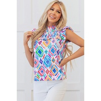Light Blue Geometric Printed Flutter Sleeve Mock Neck Shirred Blouse - L