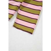 Spinach Green Clashing Stripes Waffle Texture Notched Neck Long Sleeve Top - L