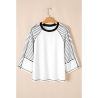 Black Striped Bracelet Sleeve Raglan Patchwork Top - M