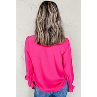 Rose Red Solid Color Shirred Cuff Notch V Neck Blouse - M