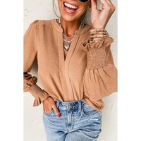 Straw Yellow Solid Color Shirred Cuff Notch V Neck Blouse - L