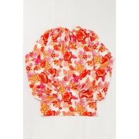 Orange Floral Print Pearl Button Keyhole Long Puff Sleeve Blouse - L