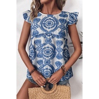 Blue Boho Print Flutter Sleeve Crew Neck Blouse - L