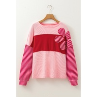 Pink Floral Patch Color Block Striped Sleeve Textured Top - L