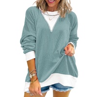 Light Blue Corded Colorblock Drop Shoulder Loose Top - S