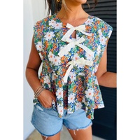 Green Floral Print Bow Applique Slit Sleeveless Peplum Blouse - S