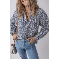 Blue Floral Print Notched V Neck Puff Sleeve Blouse - L