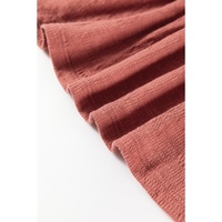 Mineral Red Solid Color Textured Frilled Trim V Neck Puff Sleeve Blouse - M