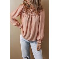 Gossamer Pink Floral Embroidered Textured Flounce Sleeve Elegant Blouse - L
