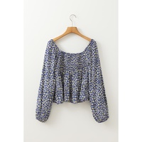 Blue Boho Floral Print Smocked Square Neck Loose Fit Blouse - L