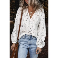 White Eyelet Embroidered Puff Sleeve V Neck Blouse - M