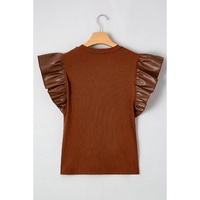 Cinnamon Leather Ruffle Sleeve Patchwork Round Neck Blouse - L