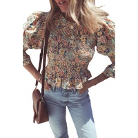 Yellow Floral Print Smocked Bubble Sleeve Ruffled Crop Top - L