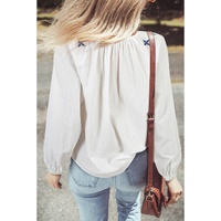 White Geometric Embroidered Long Sleeve Buttoned Blouse - M