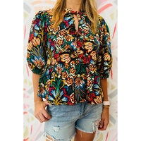 Black Tropical Print Bubble Sleeve Knot Front Blouse - XL