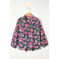 Green Floral Printed Tied Collar Puff Sleeve Blouse - L