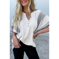 Light Grey Two Tone Contrast Waffle Knit Patched Buttoned V Neck Top - L