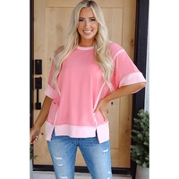 Peach Blossom Half Sleeve Raw Seam High Low Side Split Top - L