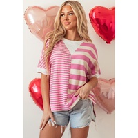 Pink Stripe Patchwork Textured Short Sleeve High Low Loose Top - L