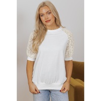 White Lace Crochet Short Sleeve Round Neck T Shirt - S