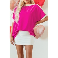 Rose Red Oversized Color Block Boat Neck Tunic Blouse - L