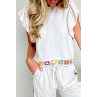 White Floral Crochet Patched Ruffled Sleeve Crewneck Blouse - L