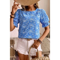 Sky Blue Eyelet Flower Embroidery Frilled Short Puff Sleeve Blouse - L