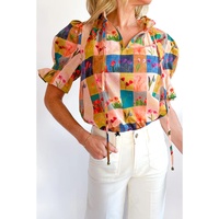 Multicolour Floral Checker Print Ruffled Short Puff Sleeve Blouse - XL
