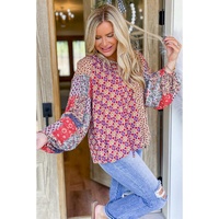 Orange Mixed Floral Printed Long Sleeve Tied V Neck Blouse - L