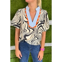 White Zebra Stripe Print Contrast V-Neck Ricrac Detail Short Sleeve Blouse Top - XL