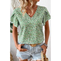 Green Boho Floral V Neck Wrap Short Sleeve Blouse - L