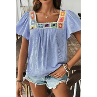 Sky Blue Stripe Textured Ruffle Short Sleeve Boho Detail Square Neck Blouse - L
