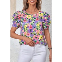 Purple Floral Print Puff Short Sleeve Crew Neck Blouse - L