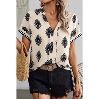 Black Geometric Print Short Sleeve V Neck Blouse - M