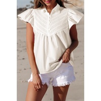White Half Button Lace Patchwork Flutter Sleeve Blouse - M
