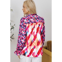 Rose Red Abstract Geometric Pattern Patchwork Puff Sleeve Blouse - L