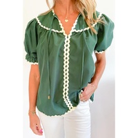 Mist Green Ric Rac Trim Tie Split Neck Short Sleeve Blouse - L