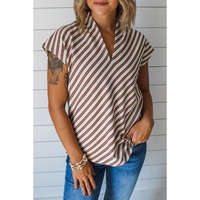 Chestnut Striped Stand V Neck Short Sleeve Blouse - L