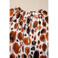 Brown Metallic Threading Accents Pleated Abstract Printed Ruffled 3/4 Sleeve Blouse - L