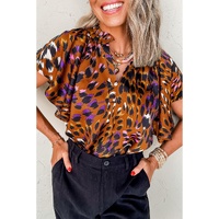 Orange Leopard Printed Draped Short Sleeve Slit V Neck Blouse - L
