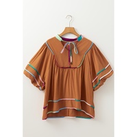 Azura Exchange Thai Curry Colorful Trim Wide Short Sleeve V Neck Blouse - S