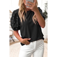 Black Ribbed Pearl Beaded Puff Sleeve Top - S