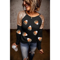 Black Sequined Shoulder Candy Corn Patched Pattern Raglan Sleeve Top - S