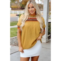 Mustard Geometric Short Puff Sleeve Frilled Collar Blouse - L