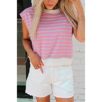 Sachet Pink Striped Crew Neck Cap Sleeve T Shirt - L